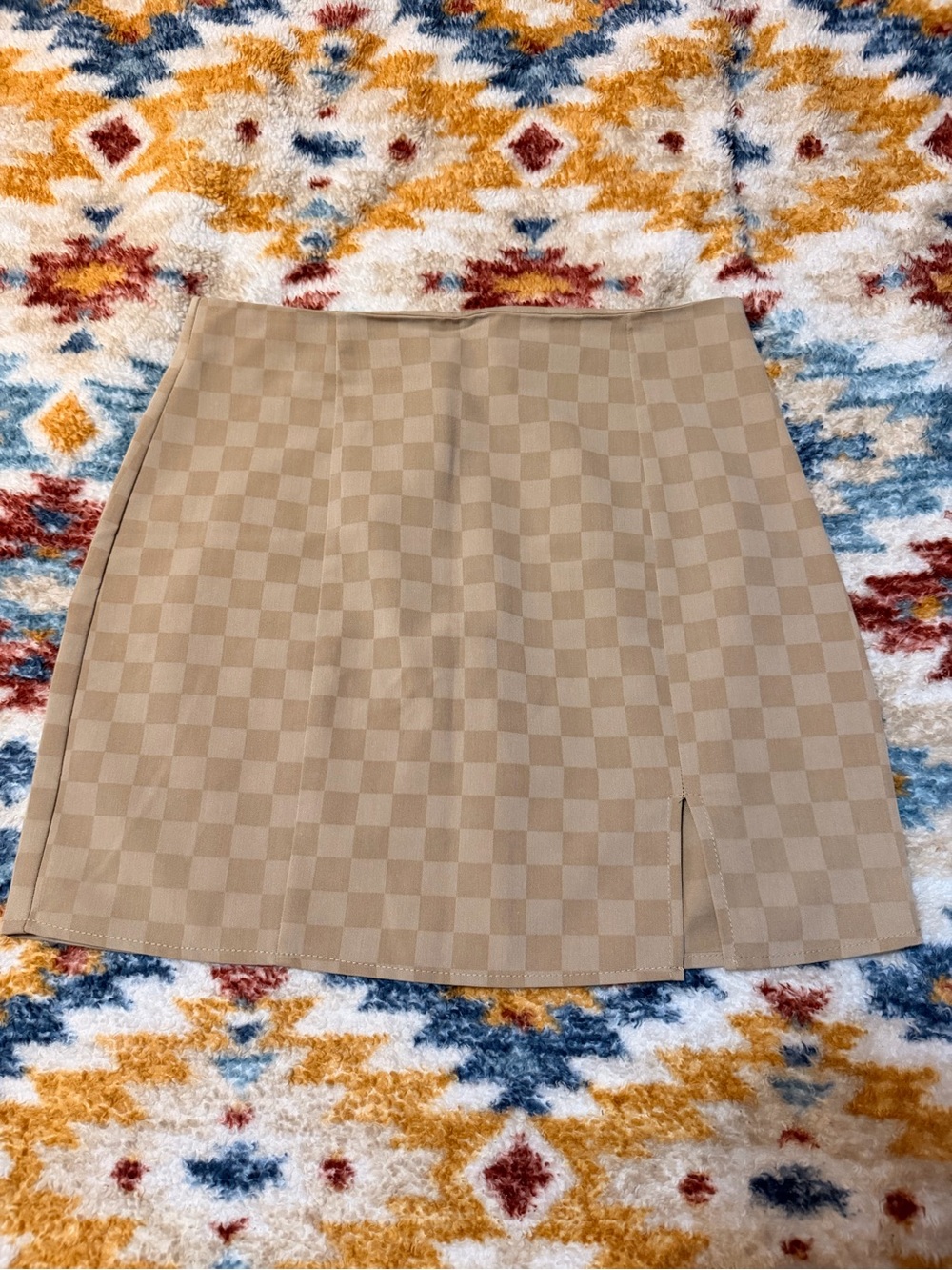 mittoshop Beige Checker Mini Skirt with Front Slit
